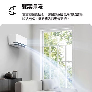 LG Dual Vane 空調在客廳中展示。左側冷風向上流動。隨附的文字顯示：雙葉片設計可以上下調整氣流方向，提供更遠更快的氣流，在任何季節都能帶給您最佳舒適性。