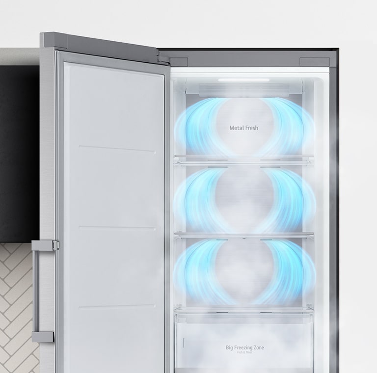 顯示門打開的冷凍櫃。藍色冷空氣從每個部分的頂部吹來,包圍其中的食物。