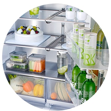 It shows a large space in the refrigerator through the storage of various foods.