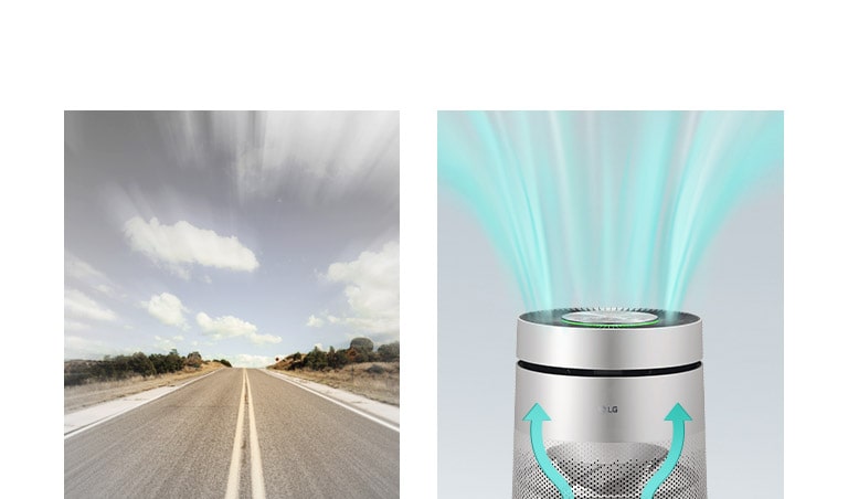 右側有兩張圖片。左側是淨空的路線，右側是將清新空氣送出的空氣清淨機。