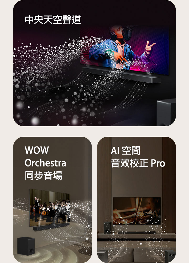 LG Soundbar 和 LG TV 在黑暗的房間裡播放音樂表演。白色水滴形成的聲波從 Soundbar 向上和向前射出，而重低音喇叭從底部產生聲音效果。  位於客廳的 LG Soundbar 和 LG TV 正在播放管弦樂團表演。白色水滴形成的聲波從 Soundbar 向上和向前射出，並從電視投射出來，而重低音喇叭從底部產生聲音效果。  LG Soundbar、LG TV、後置揚聲器和重低音喇叭位於客廳中。房間上方出現網格疊層，就像對空間掃描一樣。白色水滴形成的聲波顯示後置揚聲器和 Soundbar 完美地共同演奏。