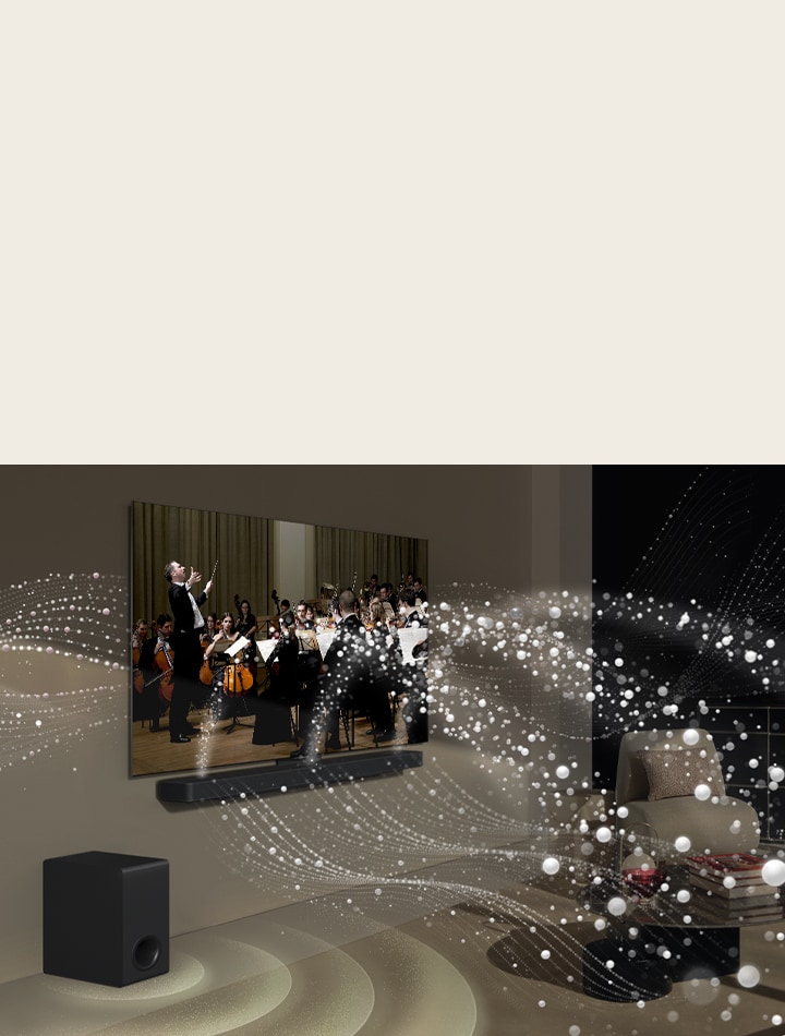 LG Soundbar、LG TV 和重低音喇叭位於客廳，正在播放音樂表演。白色水滴形成的聲波從 Soundbar 向上和向前射出，並從電視投射出來。底部的重低音喇叭正在產生聲音效果。