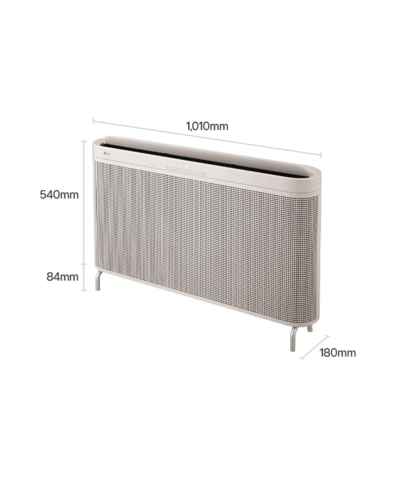 The LG WallFit dual fans air purifier with dimensions: 1010mm width, 540mm body height, 84mm leg height, and 180mm depth.