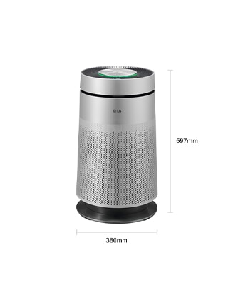 The silver LG puricare 360 air purifier with dimensions: 597mm in height, 360mm in width, and 360mm in depth.