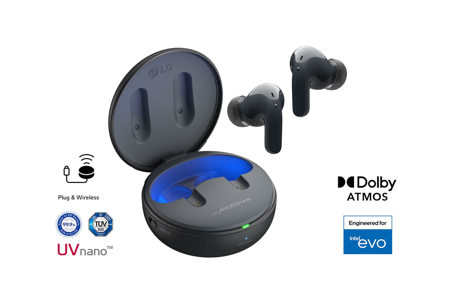 While the earbuds are in the air, light is emitted from the case, opening the cradle's lid. Plug and Wireless appear on the left, UVnano and Dolby Atmos logos on the right.