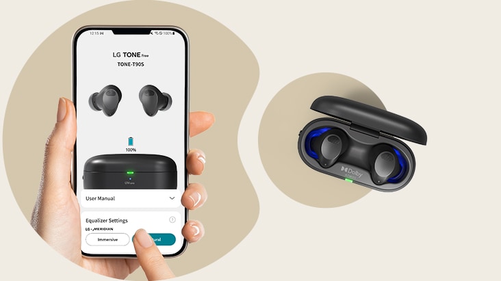 圖片展示 TONE Free 應用程式。旁邊展示 T90S 耳機俯視圖。