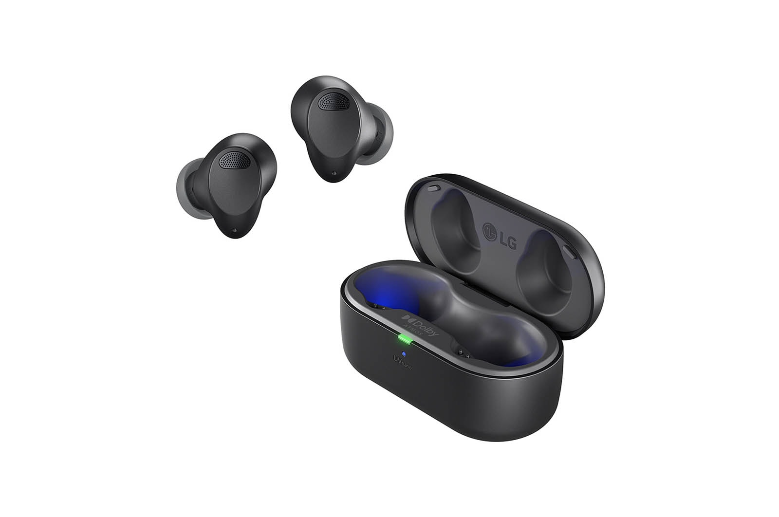 While the earbuds are in the air, light is emitted from the case, opening the cradle's lid. Plug and Wireless appear on the left