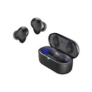 While the earbuds are in the air, light is emitted from the case, opening the cradle's lid. Plug and Wireless appear on the left