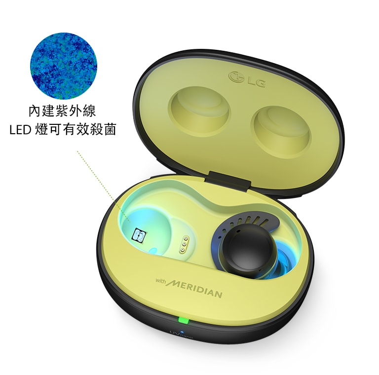 TONE Free真無線運動藍牙耳機充電盒的蓋子打開，右耳耳機放在裡面。以細菌消失時由紅色變成藍色來呈現 UVnano 的功能。 底部顯示 TUV 和 UVnano 標誌及免責聲明。