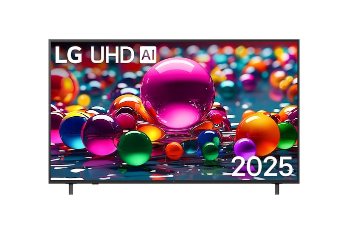 UHD UA75 TV 的正視圖,上方角落顯示 LG UHD AI 標誌。LG UHD TV 顯示色彩繽紛的油漆質感匯聚在一起。