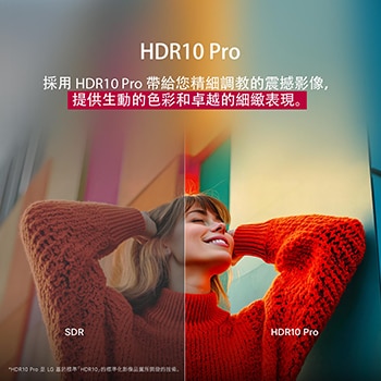 畫面顯示穿著紅色毛衣的女孩的照片，從中間一分為二，左側採用 SDR 而右側採用 HDR10 Pro。畫面右側更為銳利，與畫面左側形成對比。標題說明 HDR10 Pro 如何提供高水準畫質和更銳利的對比度。