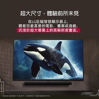 在現代風格的客廳中，一台螢幕巨大的 LG TV 安裝在牆上，下方是 LG Soundbar。