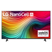 LG NanoCell 電視 NANO81 的前視圖，螢幕上有一段文字，展示着 LG NanoCell AI、2024 和 webOS Re:New Program 的標誌。