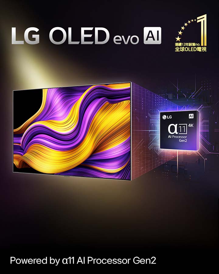 在 LG OLED evo AI 智慧顯示器的螢幕上有一幅抽象畫，呈現令人讚嘆的細節、色彩和對比。智慧顯示器後方為 alpha 9 AI 處理器 Gen8 的放大版本。它散發光芒，照亮周圍的微晶片電路。標題寫著 LG OLED evo AI。畫面還顯示文字：搭載 LG alpha 9 AI Gen8 處理器。角落顯示一個帶有金色星星的標誌，上面寫著：連續 12 年全球銷售第一的 OLED。