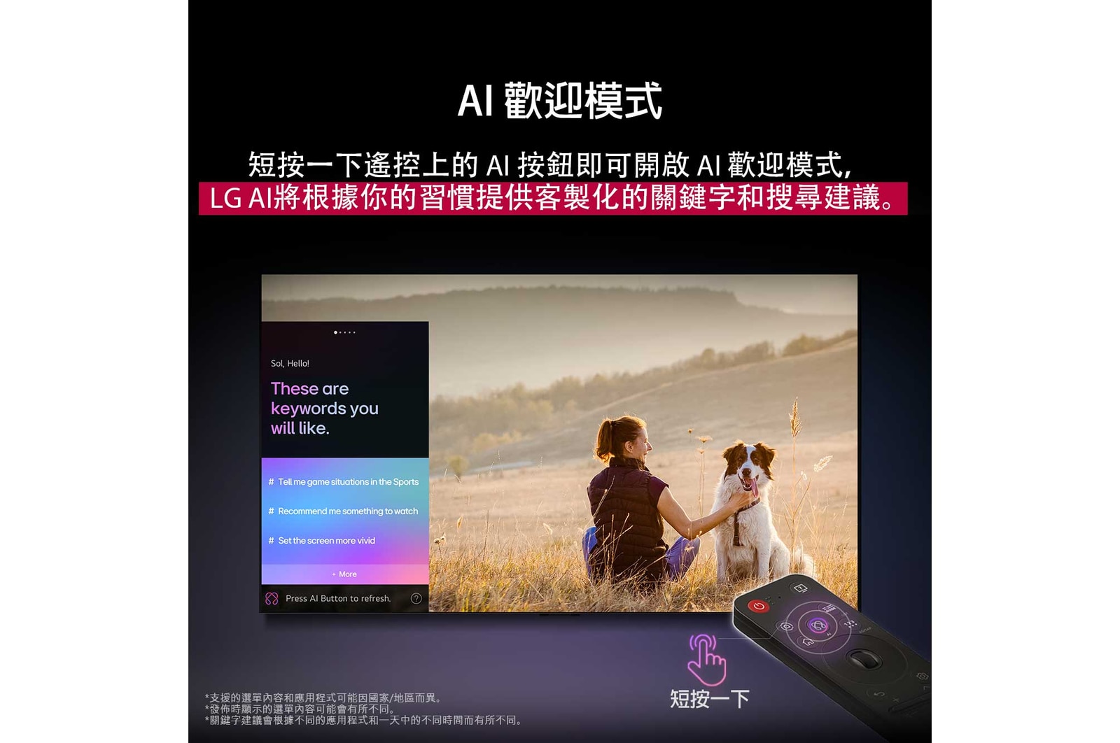 LG AI Magic Remote 位於 LG TV 的螢幕前面。螢幕顯示 LG AI 生成的個人化歡迎畫面，包含依使用者的搜尋和觀看記錄生成的客製化關鍵字。遙控旁邊有一個圖示和標籤，顯示只需短按一下 AI 按鈕，即可輕鬆取用 AI Concierge 功能。
