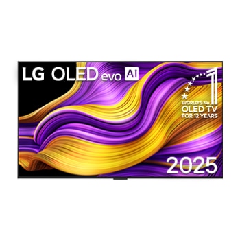 LG OLED evo AI G5 4K 智能電視的正視圖。螢幕上顯示著「12 年全球第一 OLED」標誌與「LG OLED evo AI 2025」標誌。
