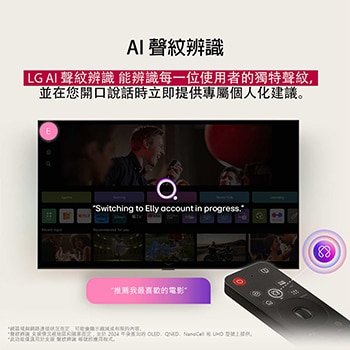 LG TV 螢幕與 AI Magic Remote 在前景中顯示。畫面突顯 AI 按鈕以及語音氣泡，氣泡中寫著「推薦一部我喜歡的電影」。螢幕上顯示使用者圖示 E，代表 AI Voice ID 可以辨識使用者的身分，並根據其語音提供個人化的建議。