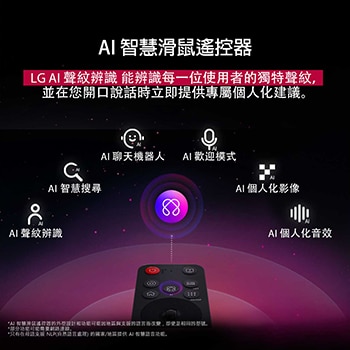 LG AI Magic Remote 上的 AI 按鈕突出顯示。其旁邊展示使用者可以透過按鈕取用的不同功能。AI Voice ID、AI Search、AI Chatbot、AI Concierge、AI Picture Wizard 和 AI Sound Wizard。文字說明 LG AI Magic Remote 配備專用 AI 按鈕，提供完美 AI Experience，並可以用作空氣滑鼠。只需指向然後按下按鈕。