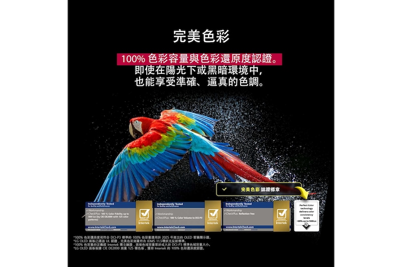 色彩繽紛的鸚鵡以超高清晰度顯示，位於黑色背景中。鸚鵡四周的空氣中懸浮著水滴。圖片中鸚鵡身體上的每種不同顏色都明豔且生動，展示完美色彩效果。深色背景與細膩的水滴也突顯出螢幕的無反光效果。UL 和 Intertek 的不同認證標誌也分別顯示。這些標誌分別代表 100% 色彩逼真度、100% 色容量和無反光聲明。畫面中也顯示文字，寫著「檢驗完美色彩認證標記」。