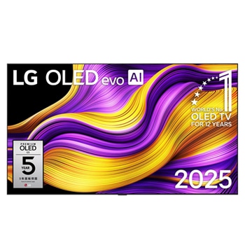 LG OLED evo AI G5 4K 智能電視的正視圖。螢幕上顯示著「12 年全球第一 OLED」標誌與「LG OLED evo AI 2025」標誌。