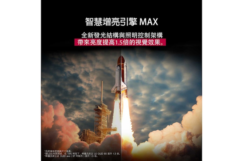 太空梭從地面發射。畫面從中間分成兩半，其中一半略顯黯淡無光。另一半展示了火箭噴射的亮光格外耀眼，展現了在 Brightness Booster Max 技術的發光結構與照明控制架構下，LG OLED TV 能夠呈現的驚人明亮效果。