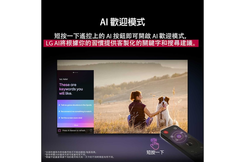 LG AI Magic Remote 位於 LG TV 的螢幕前面。螢幕顯示 LG AI 生成的個人化歡迎畫面，包含依使用者的搜尋和觀看記錄生成的客製化關鍵字。遙控旁邊有一個圖示和標籤，顯示只需短按一下 AI 按鈕，即可輕鬆取用 AI Concierge 功能。