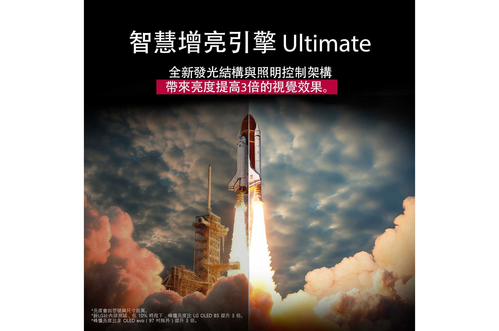 客廳中配備壁掛式安裝的 LG OLED TV。電視顯示著一片山脈，背景中是繁星滿天的漆黑夜空。這個場景一分為二，展示純黑技術在明亮或昏暗的周遭環境中都能提供極致黑階。畫面一邊顯示較為暗淡、灰濛濛的景色，標示為「啞光顯示屏」。另一邊則是更悅目的畫面，黑白的動態範圍更大，並標示為「純黑顯示屏」。畫面還顯示標誌認證，純黑技術可在高達 500 lux 的光照環境下呈現小於或等於 0.24 nit 的黑階。旁邊有一個文字氣泡寫著「確認純黑技術認證標記」。