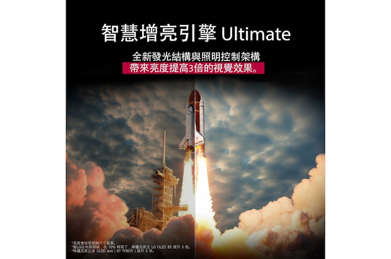 客廳中配備壁掛式安裝的 LG OLED TV。電視顯示著一片山脈,背景中是繁星滿天的漆黑夜空。這個場景一分為二,展示純黑技術在明亮或昏暗的周遭環境中都能提供極致黑階。畫面一邊顯示較為暗淡、灰濛濛的景色,標示為「啞光顯示屏」。另一邊則是更悅目的畫面,黑白的動態範圍更大,並標示為「純黑顯示屏」。畫面還顯示標誌認證,純黑技術可在高達 500 lux 的光照環境下呈現小於或等於 0.24 nit 的黑階。旁邊有一個文字氣泡寫著「確認純黑技術認證標記」。