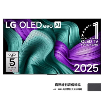 LG OLED M5 電視前視圖。螢幕上顯示著「12 年全球第一 OLED」標誌與「LG OLED evo AI 2025」標誌。Zero Connect Box 在一角顯示,並附說明:「搭載 4K 144Hz 無線視頻和音頻傳輸技術的 Zero Connect Box」