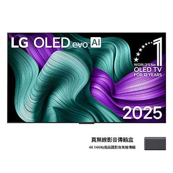 LG OLED M5 電視前視圖。螢幕上顯示著「12 年全球第一 OLED」標誌與「LG OLED evo AI 2025」標誌。Zero Connect Box 在一角顯示，並附說明：「搭載 4K 144Hz 無線視頻和音頻傳輸技術的 Zero Connect Box」