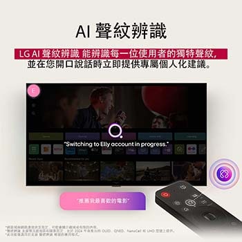 LG TV 螢幕與 AI Magic Remote 在前景中顯示。畫面突顯 AI 按鈕以及語音氣泡，氣泡中寫著「推薦一部我喜歡的電影」。螢幕上顯示使用者圖示 E，代表 AI Voice ID 可以辨識使用者的身分，並根據其語音提供個人化的建議。