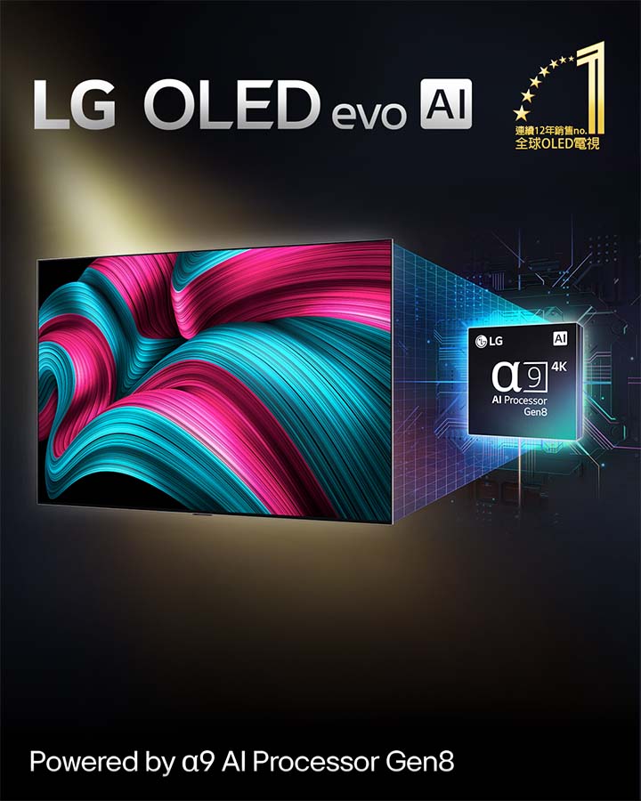 在 LG OLED evo AI 智慧顯示器的螢幕上有一幅抽象畫，呈現令人讚嘆的細節、色彩和對比。智慧顯示器後方為 alpha 9 AI 處理器 Gen8 的放大版本。它散發光芒，照亮周圍的微晶片電路。標題寫著 LG OLED evo AI。畫面還顯示文字：搭載 LG alpha 9 AI Gen8 處理器。角落顯示一個帶有金色星星的標誌，上面寫著：連續 12 年全球銷售第一的 OLED。