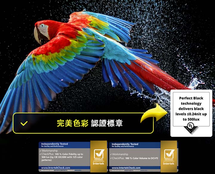 色彩繽紛的鸚鵡以超高清晰度顯示，位於黑色背景中。鸚鵡四周的空氣中懸浮著水滴。圖片中鸚鵡身體上的每種不同顏色都明豔且生動，展示完美色彩效果。UL 和 Intertek 的不同認證標誌也分別顯示。這兩個標誌分別代表 100% 色彩還原度和 100% 色容量。畫面中也顯示文字，寫著「檢驗完美色彩認證標記」。