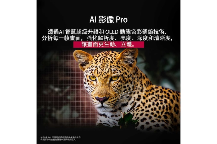 森林中的豹，色彩鮮豔，細節分明。豹身上顯示網格，後面有發光的燈，展示 LG AI Picture Pro 如何大幅提升畫面的解像度、亮度、深度和清晰度。