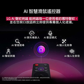 LG AI Magic Remote 上的 AI 按鈕突出顯示。其旁邊展示使用者可以透過按鈕取用的不同功能。AI Voice ID、AI Search、AI Chatbot、AI Concierge、AI Picture Wizard 和 AI Sound Wizard。文字說明 LG AI Magic Remote 配備專用 AI 按鈕，提供完美 AI Experience，並可以用作空氣滑鼠。只需指向然後按下按鈕。