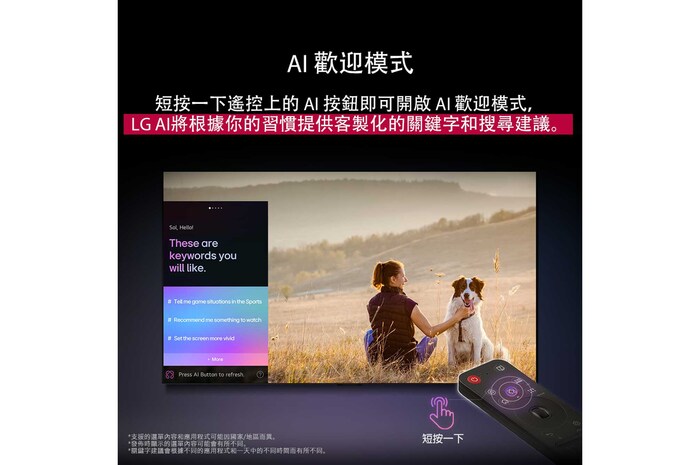 LG AI Magic Remote 位於 LG TV 的螢幕前面。螢幕顯示 LG AI 生成的個人化歡迎畫面,包含依使用者的搜尋和觀看記錄生成的客製化關鍵字。遙控旁邊有一個圖示和標籤,顯示只需短按一下 AI 按鈕,即可輕鬆取用 AI Concierge 功能。