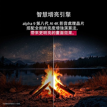 夜晚大自然中的營火。遠處是森林和湖泊。夜空繁星滿天。整個畫面一分為二。其中一半略顯黯淡無光。另一半明亮許多，展現 Brightness Booster 帶來的驚人亮度效果。