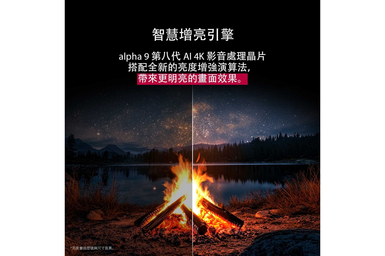 夜晚大自然中的營火。遠處是森林和湖泊。夜空繁星滿天。整個畫面一分為二。其中一半略顯黯淡無光。另一半明亮許多，展現 Brightness Booster 帶來的驚人亮度效果。