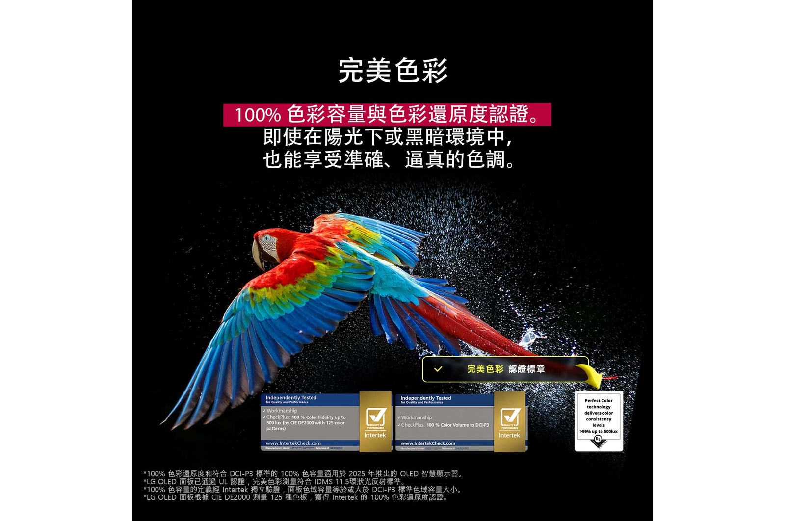 色彩繽紛的鸚鵡以超高清晰度顯示，位於黑色背景中。鸚鵡四周的空氣中懸浮著水滴。圖片中鸚鵡身體上的每種不同顏色都明豔且生動，展示完美色彩效果。UL 和 Intertek 的不同認證標誌也分別顯示。這兩個標誌分別代表 100% 色彩逼真度和 100% 色容量。畫面中也顯示文字，寫著「檢驗完美色彩認證標記」。
