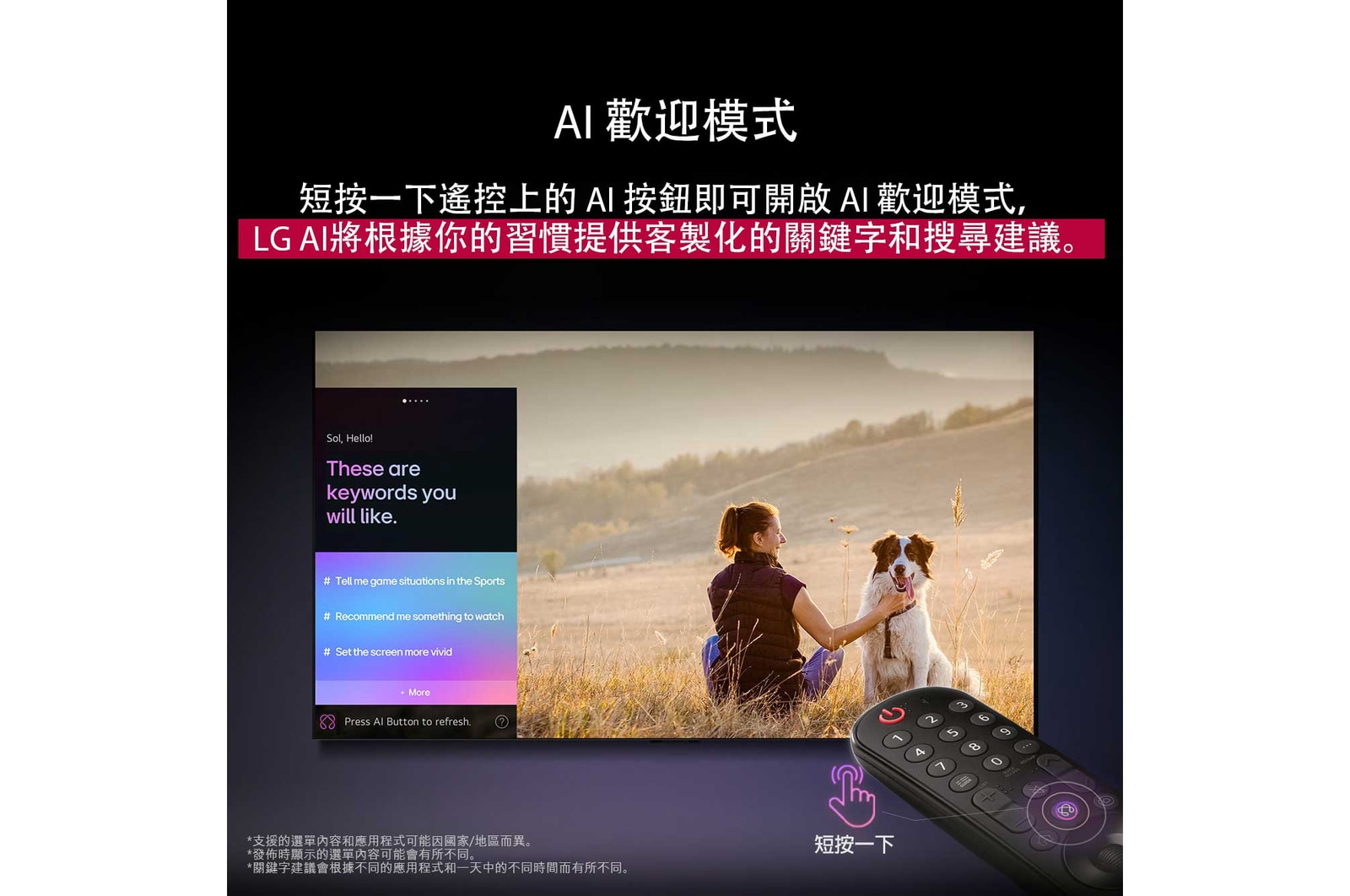 LG AI Magic Remote 位於 LG TV 的螢幕前面。螢幕顯示 LG AI 生成的個人化歡迎畫面，包含依使用者的搜尋和觀看記錄生成的客製化關鍵字。遙控旁邊有一個圖示和標籤，顯示只需短按一下 AI 按鈕，即可輕鬆取用 AI Concierge 功能。