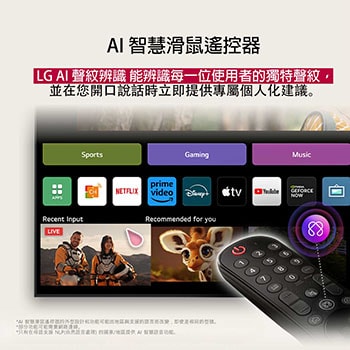 LG AI Magic Remote 上的 AI 按鈕突出顯示。其旁邊展示使用者可以透過按鈕取用的不同功能。AI Voice ID、AI Search、AI Chatbot、AI Concierge、AI Picture Wizard 和 AI Sound Wizard。文字說明 LG AI Magic Remote 配備專用 AI 按鈕，提供完美 AI Experience，並可以用作空氣滑鼠。只需指向然後按下按鈕。
