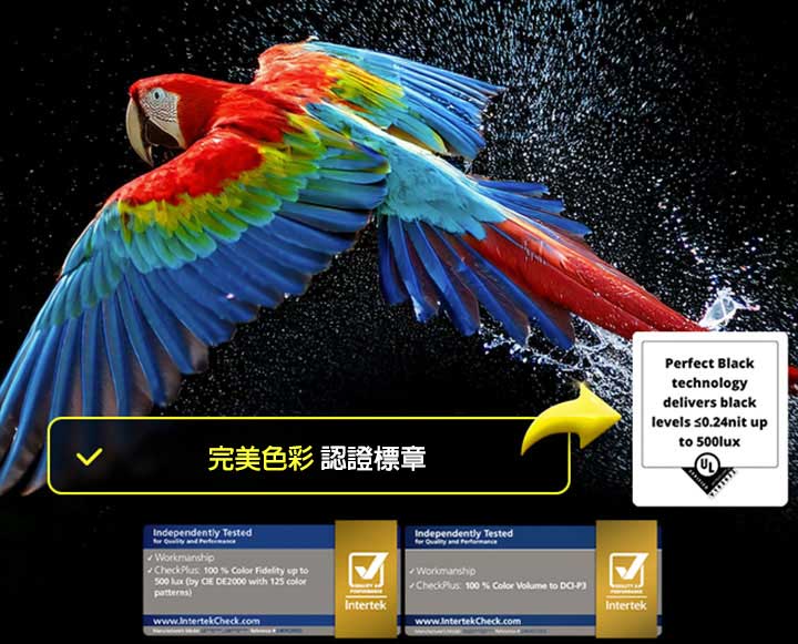 色彩繽紛的鸚鵡以超高清晰度顯示,位於黑色背景中。鸚鵡四周的空氣中懸浮著水滴。圖片中鸚鵡身體上的每種不同顏色都明豔且生動,展示完美色彩效果。UL 和 Intertek 的不同認證標誌也分別顯示。這兩個標誌分別代表 100% 色彩還原度和 100% 色容量。畫面中也顯示文字,寫著「檢驗完美色彩認證標記」。