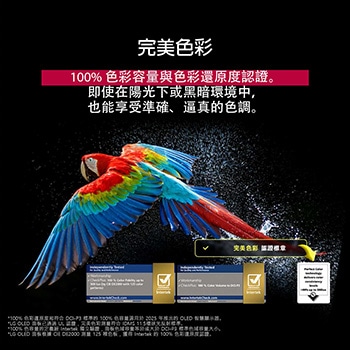 色彩繽紛的鸚鵡以超高清晰度顯示，位於黑色背景中。鸚鵡四周的空氣中懸浮著水滴。圖片中鸚鵡身體上的每種不同顏色都明豔且生動，展示完美色彩效果。深色背景與細膩的水滴也突顯出螢幕的無反光效果。UL 和 Intertek 的不同認證標誌也分別顯示。這些標誌分別代表 100% 色彩逼真度、100% 色容量和無反光聲明。畫面中也顯示文字，寫著「檢驗完美色彩認證標記」。