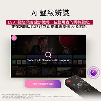 LG TV 螢幕與 AI Magic Remote 在前景中顯示。畫面突顯 AI 按鈕以及語音氣泡，氣泡中寫著「推薦一部我喜歡的電影」。螢幕上顯示使用者圖示 E，代表 AI Voice ID 可以辨識使用者的身分，並根據其語音提供個人化的建議。