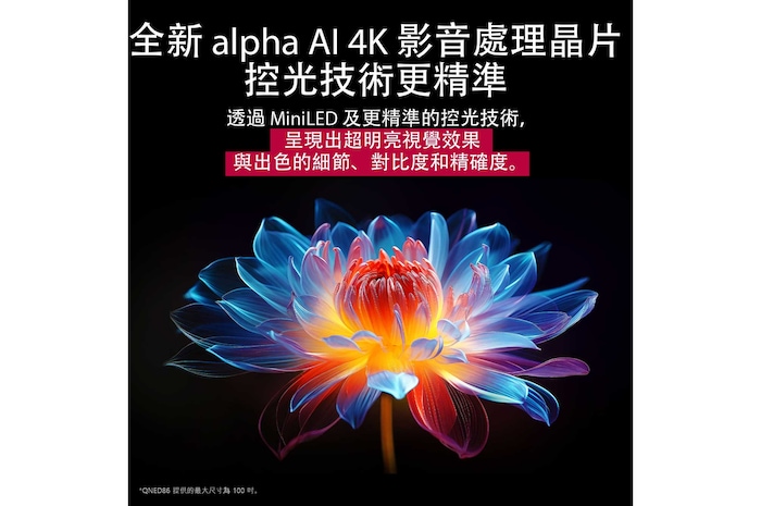 色彩繽紛且色調豐富的 3D 全像花朵放置在深色背景中。花朵的清晰度和細節展示出 QNED MiniLED 能夠呈現具有出眾色彩、亮度和對比度的視覺效果。標題說明 MiniLED 如何增強清晰度並呈現卓越對比度。