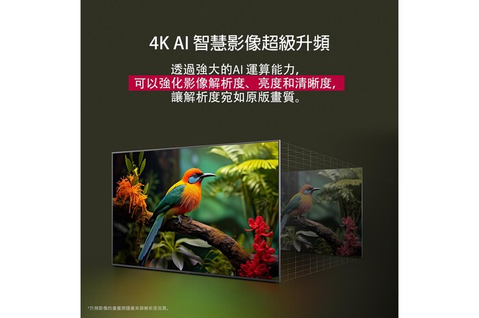 LG 4K Super Upscaling 如何改善影像品質的前後對比。兩個面板顯示同一張色彩鮮豔的鳥兒停在樹枝上的圖像，右側的面板顯示的是淡化版本。標題講述了 4K 超升級如何提升解像度、亮度和清晰度。