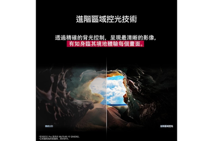 畫面角度是從洞穴中看向洞口外面的藍天和地平線。整個畫面一分為二,以展示 QNED 進階局部調光功能。其中一邊色彩褪淡,缺少細節,畫面模糊不清。標籤寫著「傳統 LED」。另一邊則展現出濃黑色調,呈現更強的對比度、亮度和色彩顯示效果。標籤寫著「進階局部調光」。標題說明進階局部調光如何呈現更清晰畫面。