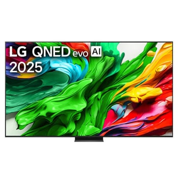 LG QNED evo QNED86 電視的正視圖，上方角落顯示 LG QNED evo Al 標誌。LG QNED evo QNED86 電視顯示色彩繽紛的油漆質感匯聚在一起。