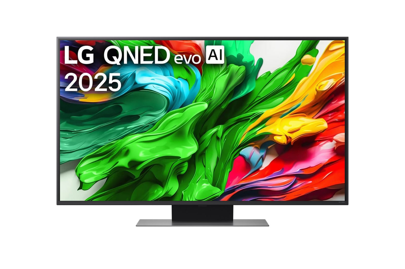 LG QNED evo QNED86 電視的正視圖，上方角落顯示 LG QNED evo Al 標誌。LG QNED evo QNED86 電視顯示色彩繽紛的油漆質感匯聚在一起。