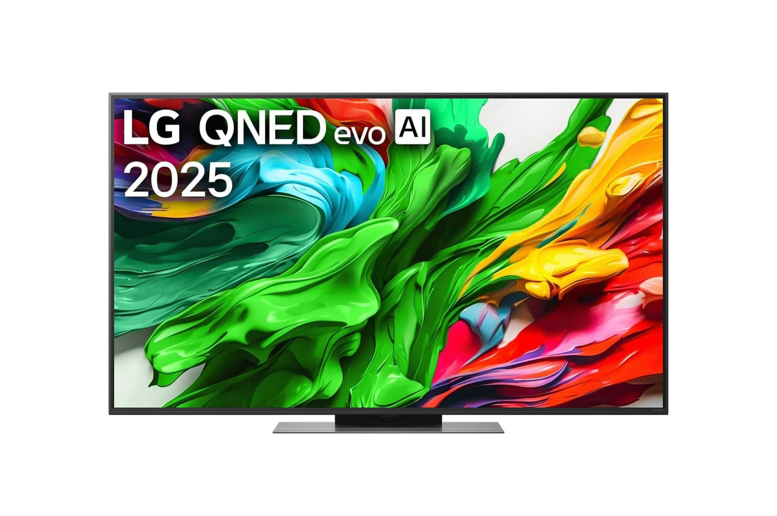 LG QNED evo QNED86 電視的正視圖，上方角落顯示 LG QNED evo Al 標誌。LG QNED evo QNED86 電視顯示色彩繽紛的油漆質感匯聚在一起。